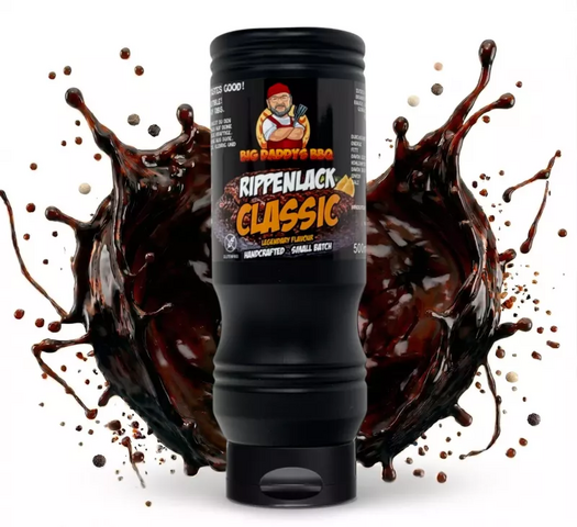Flasche von Big Daddy's Rippenlack Classic BBQ-Sauce mit Cartoon-Mann auf Etikett