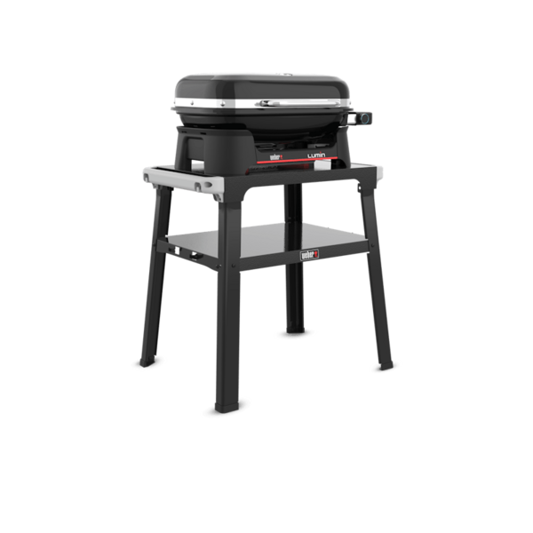 Weber LUMIN Elektrogrill auf Stand in Schwarz-Weiß, ideal für Outdoor-Kochen