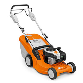 STIHL RM 448 TX Benzin-Rasenmäher in Orange und Grau mit sichtbaren Markenzeichen