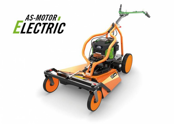 AS 62 E-Allmäher von AS-Motor Electric in Orange und Grün mit großen Rädern und modernem Lenker
