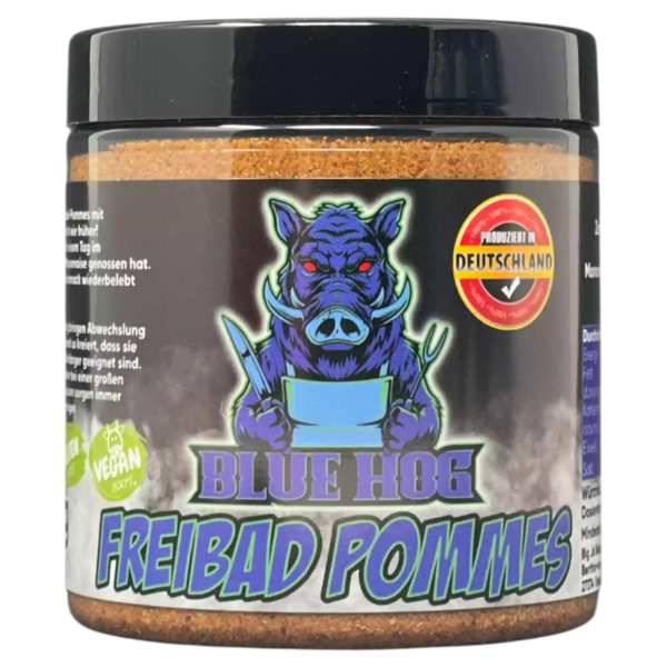 Produktetikett von Blue Hog Freibad Pommes Gewürzmischung mit blauem Wildschwein und Hinweis auf deutsche Herstellung
