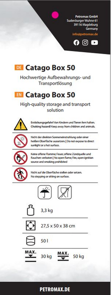 Informationsbroschüre der Petromax Catago Box 50 mit Sicherheitshinweisen und technischen Daten