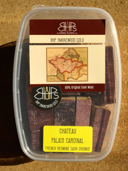 Transparente Box mit BHP Smokewood Gold Chateau Palais Cardinal Redwine Räucherchunks