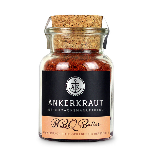 Ankerkraut BBQ Butter in einem Glasgefäß mit Korkdeckel und schwarz-braunem Etikett