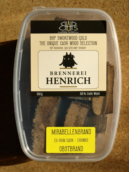 Transparente Verpackung von BHP Smokewood Gold Mirabellenbrand Räucherchunks