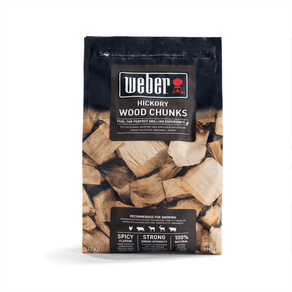 Weber Hickory Wood Chunks 1.5kg Verpackung mit sichtbaren Holzstücken