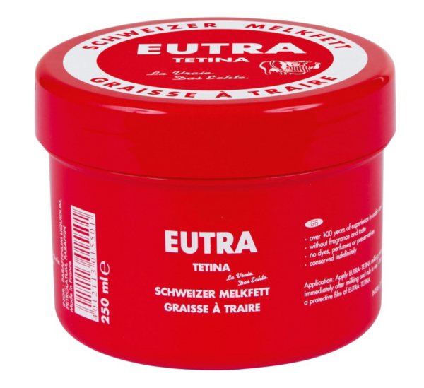 Rote Dose Eutra Melkfett mit Text auf Deutsch und Englisch