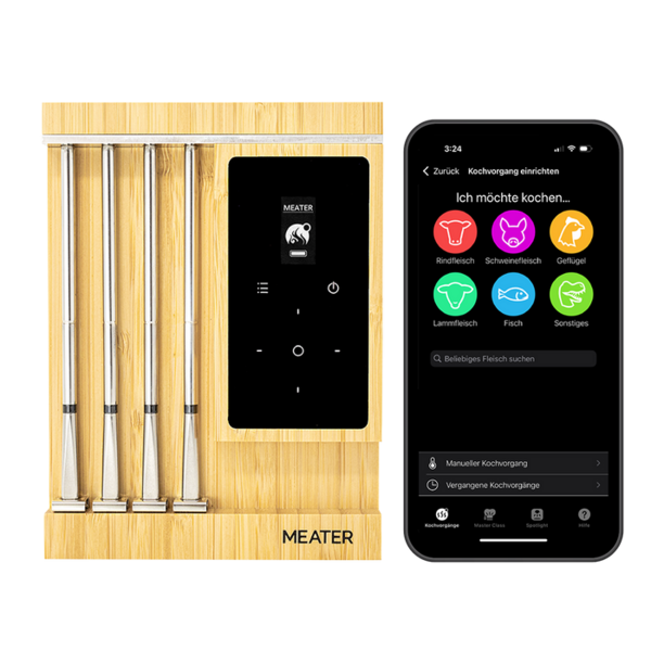 MEATER Pro XL mit vier Sonden in Bambusstation und Smartphone mit Koch-App