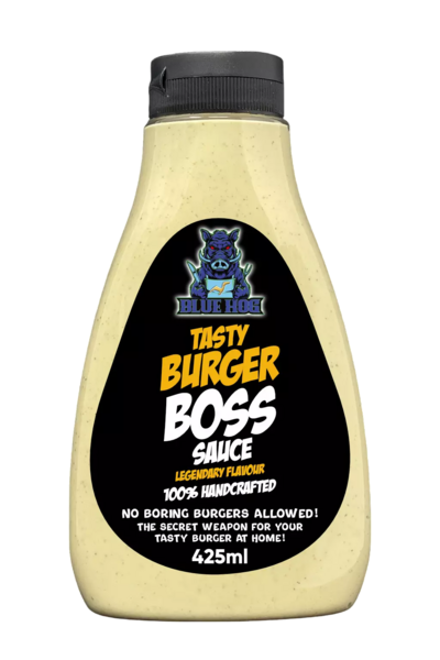 Flasche der Blue Hog Tasty Burger Boss Sauce mit blauem Wildschwein-Design