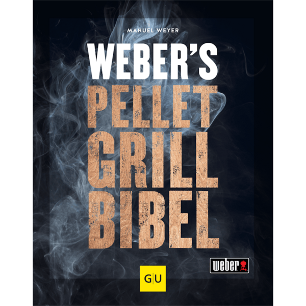 Cover von Weber's Pellet Grill Bibel mit Rauch und Korktextur, Logos von Weber und GU