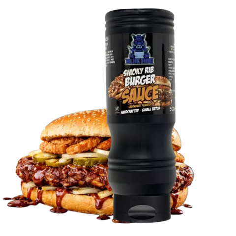 Flasche der Blue Hog Rib Burger Boss Sauce mit blauem Wildschwein auf Etikett
