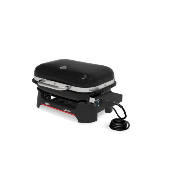 Weber LUMIN COMPACT Elektrogrill in Schwarz mit blauem Bedienknopf und rotem Markenlabel