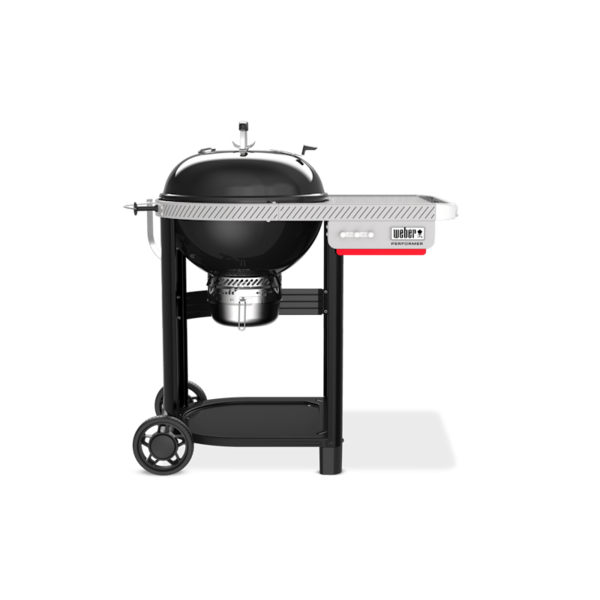 Weber Performer Holzkohlegrill auf Rollwagen mit Seitentisch und Zubehörfächern