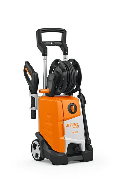 Stihl RE 110 PLUS Elektro-Hochdruckreiniger in Orange mit Schlauchtrommel und Teleskopgriff