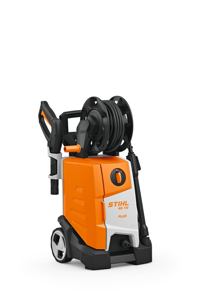 Stihl RE 110 PLUS Elektro-Hochdruckreiniger in Orange und Schwarz mit Schlauchtrommel