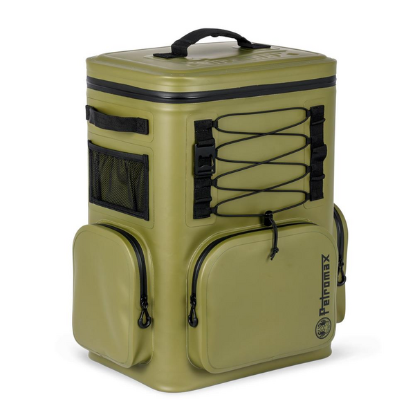 Sandfarbener Petromax Kühlrucksack 27 Liter mit externen Taschen und Spanngummis