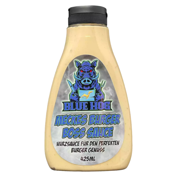 Flasche der Blue Hog Meckes Burger Boss Sauce mit blauem Wildschwein-Logo
