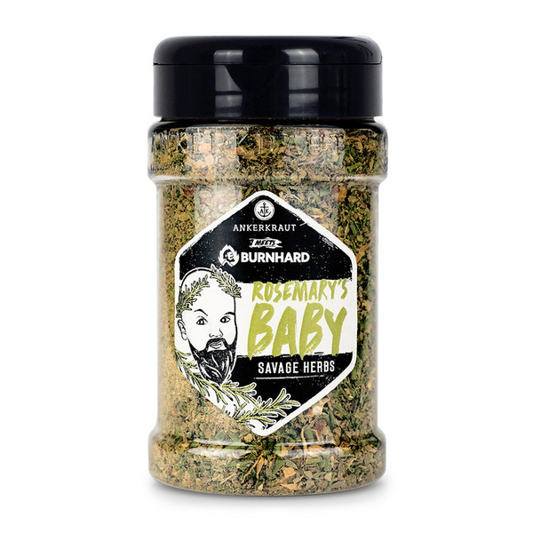 Ankerkraut Gewürzstreuer Rosemary's Baby mit Kräutern und Porträt auf Etikett