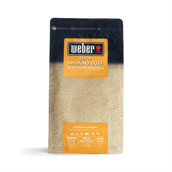 Verpackung von Weber Beech Smoking Dust Räuchermehl, 500g, sichtbar durch transparente Front