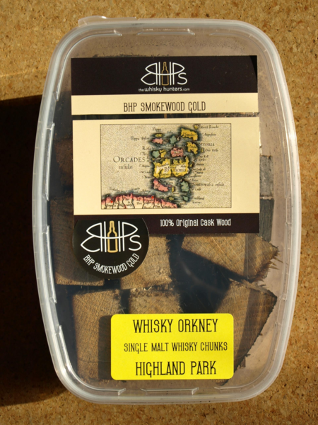 Transparente Box mit BHP Smokewood Gold Highland Park Whiskey Räucherchunks