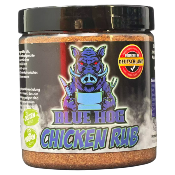 200g Tiegel Blue Hog Chicken Rub mit blauem Wildschwein-Charakter, glutenfrei und vegan, hergestellt in Deutschland