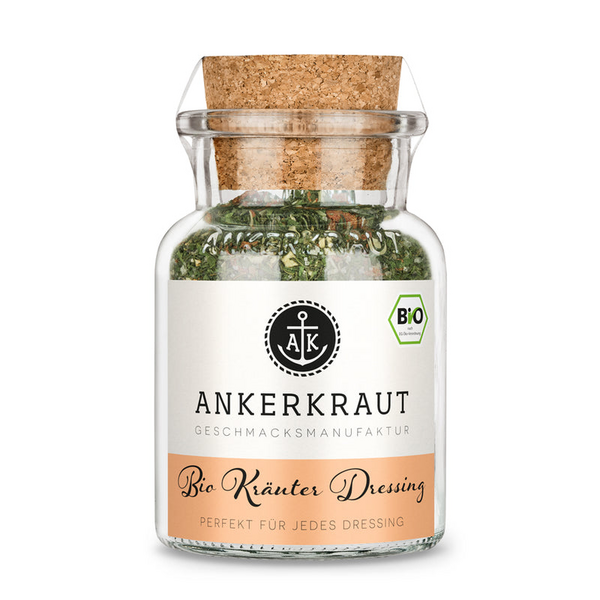 Ankerkraut BIO Kräuter Dressing in einem Glas mit Korkdeckel und grün-weißem Etikett