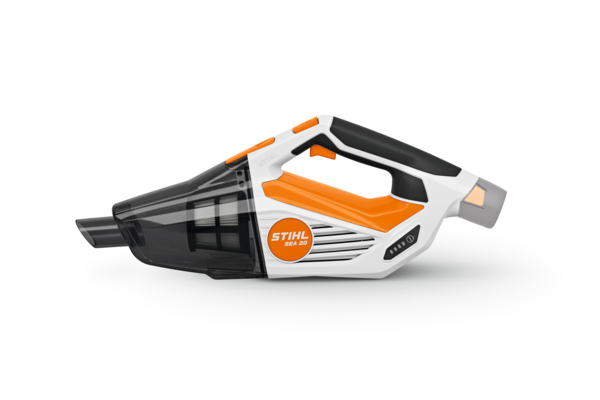STIHL SEA 20 Akku-Handstaubsauger in Weiß und Orange mit transparentem Schmutzbehälter
