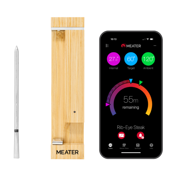 MEATER Pro smartes Kochthermometer neben Smartphone mit geöffneter App