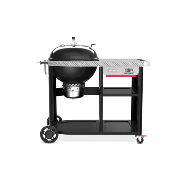 Weber Performer Premium Holzkohlegrill auf Rollwagen mit Seitentisch und Regalfächern