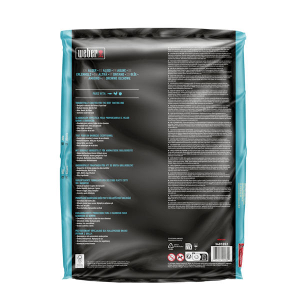Rückseite der Verpackung von Weber SmokeFire Holzpellets Erle 8 kg mit detaillierten Produktinformationen