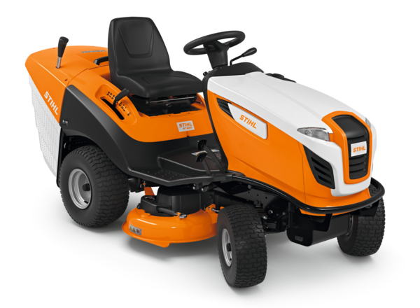 Stihl RT 5097 Aufsitzmäher in Orange und Weiß mit verstellbarem Sitz und großem Grasfangkorb