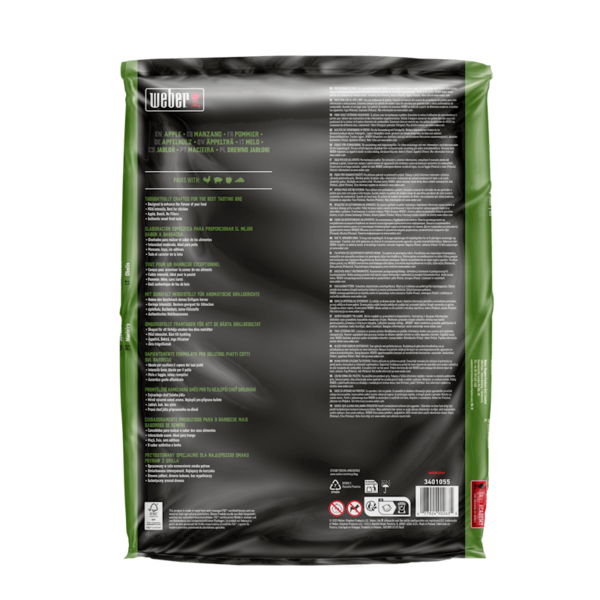 Rückseite der Weber SmokeFire Holzpellets Apfelholz Verpackung mit Text und Sicherheitshinweisen