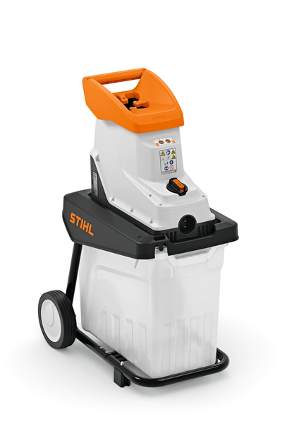 Stihl GHE 140 L Häcksler in Orange und Weiß mit transparentem Auffangbehälter