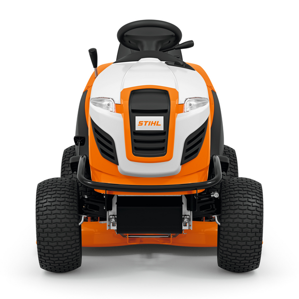 Frontansicht des Stihl RT 6112 ZL Aufsitzmähers in Orange und Weiß