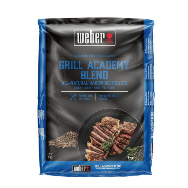 Verpackung von Weber SmokeFire Holzpellets Grill Academy Blend mit Fleischbild
