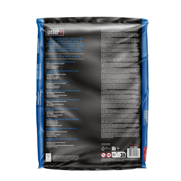 Rückseite der Weber SmokeFire Holzpellets Grill Academy Blend Verpackung mit Produktinformationen