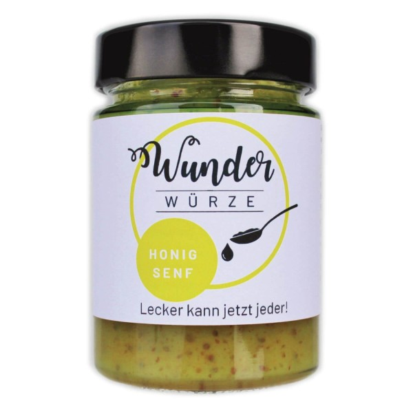 Glas Honig Senf von Wunder Würze mit sichtbaren Senfkörnern und modernem Etikett