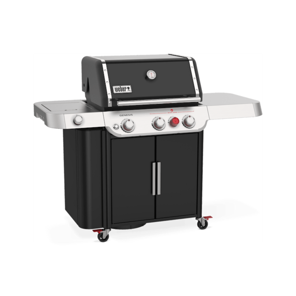 Weber Genesis E-335 Gasgrill in Schwarz mit Edelstahlakzenten und roten Bedienelementen