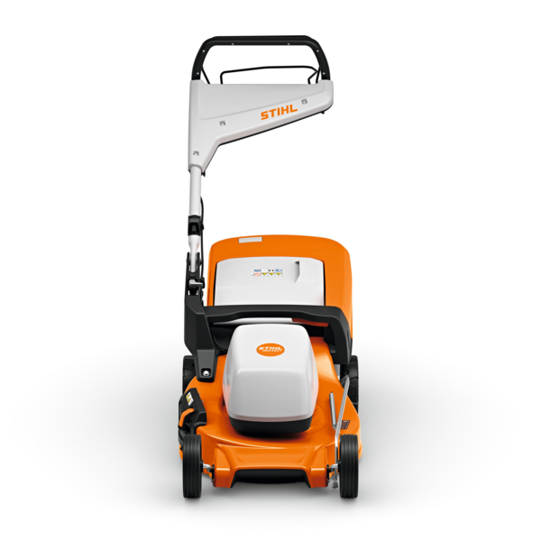 STIHL Akku-Rasenmäher RMA 253 in Orange und Weiß mit klappbarem Holm und Logo