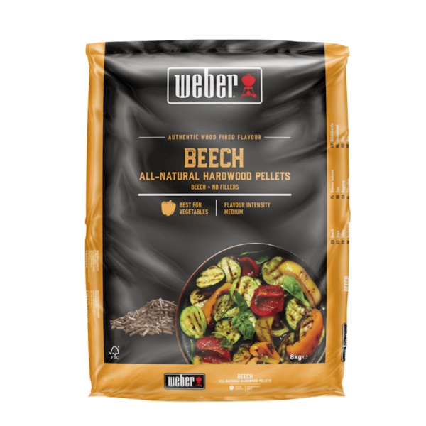 Weber SmokeFire Holzpellets Buche 8 kg Verpackung mit Grillgut