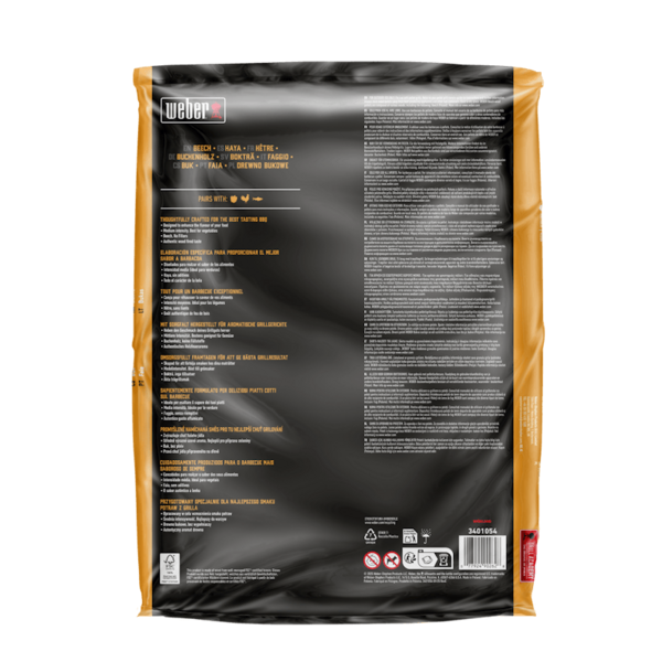 Rückseite eines Weber SmokeFire Holzpellets Sack mit Produktinformationen