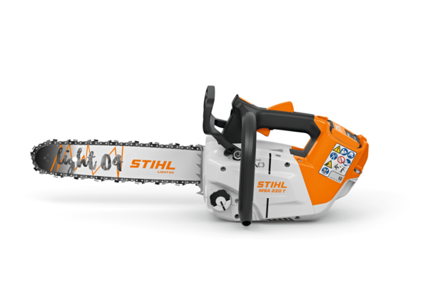 STIHL MSA 220 T Akku-Baumpflegesäge in Orange und Weiß mit Sicherheitshinweisen