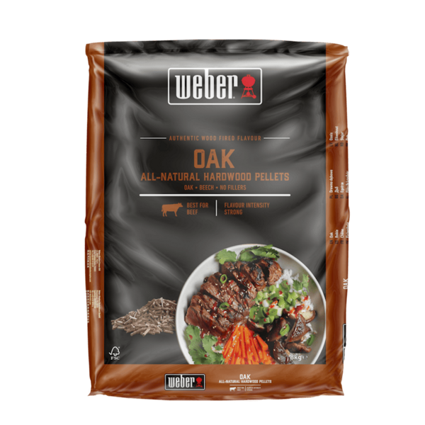 Verpackung von Weber SmokeFire Eichenholzpellets 8 kg mit Grillfleischbild