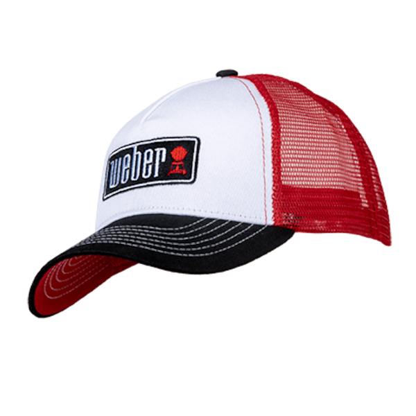 Weber Trucker-Cap in Schwarz, Weiß und Rot mit gebogenem Schirm und gesticktem Logo