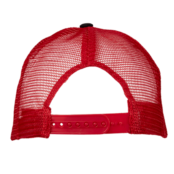Rote Weber Trucker-Cap von hinten mit verstellbarem Verschluss und Meshmaterial
