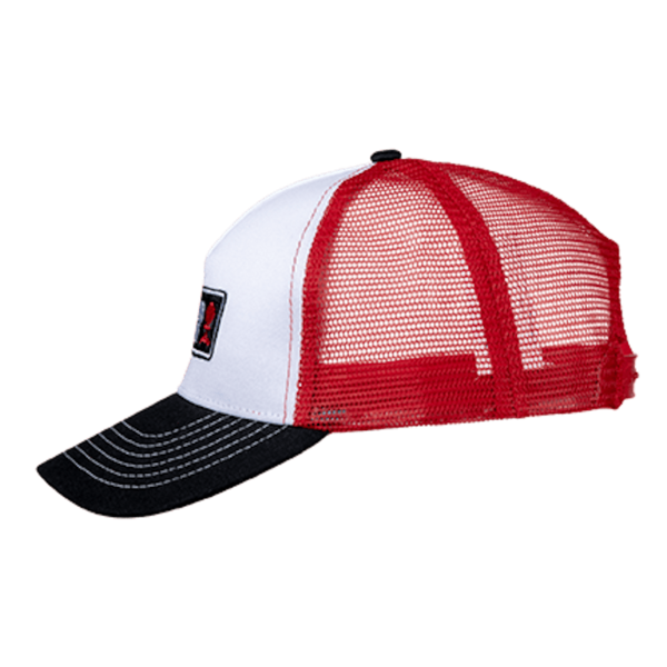 Weber Trucker-Cap in Schwarz, Weiß und Rot mit gebogenem Schirm und Mesh-Rückseite