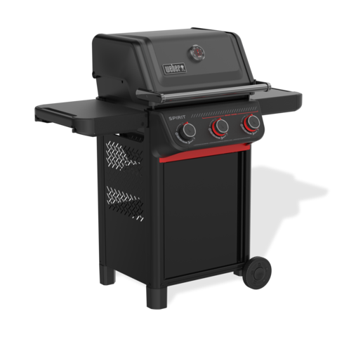 Weber Spirit E-325 STEALTH Gasgrill in Schwarz mit roten Akzenten und Seitentischen
