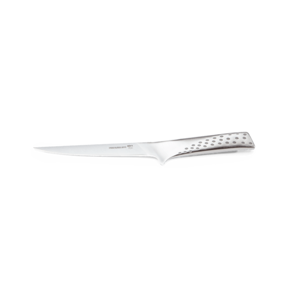 Edelstahl Deluxe Filetiermesser mit ergonomischem Griff auf grünem Hintergrund