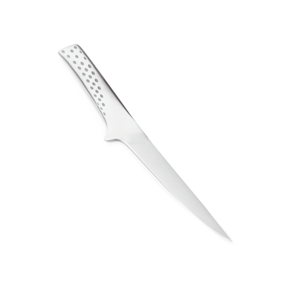 Edelstahl Deluxe Filetiermesser mit ergonomischem Griff auf dunkelgrünem Hintergrund