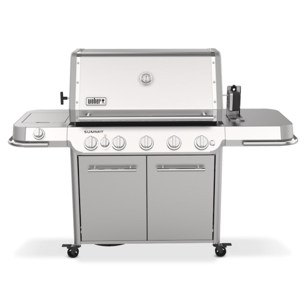 Weber Summit FS38 S Gasgrill aus Edelstahl mit geöffnetem Deckel und sichtbaren Brennern